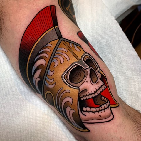 spartan skull tattoo by dave wah at stay humble tattoo company in baltimore maryland the best tattoo shop and artist in baltimore maryland