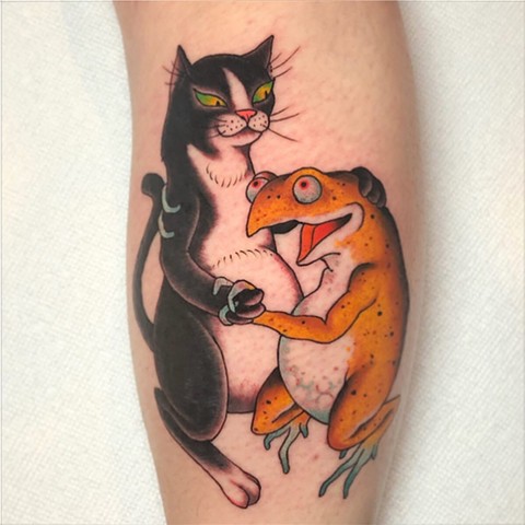 Cat and Frog tattoo  by Fran Massino at stay humble tattoo company in baltimore maryland the best tattoo shop and artist in baltimore maryland specializing in Japanese tattoo