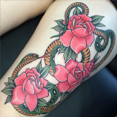 Japanese style snake and Gardenia flower tattoo