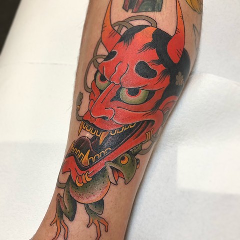 Japanese Hannya Mask and frog tattoo  by Fran Massino at stay humble tattoo company in baltimore maryland the best tattoo shop and artist in baltimore maryland specializing in Japanese tattoo