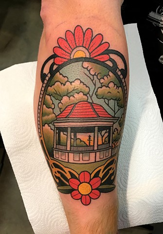 traditional landscape tattoo by tattoo artist dave wah at stay humble tattoo company the best tattoo shop in baltimore maryland