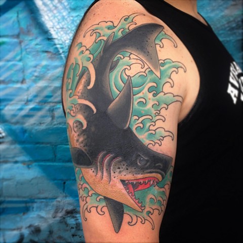 Japanese syle water and Shark tattoo by Fran Massino