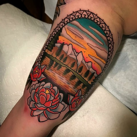 traditional landscape tattoo by dave wah at stay humble tattoo company in baltimore maryland the best tattoo shop and artist in baltimore maryland