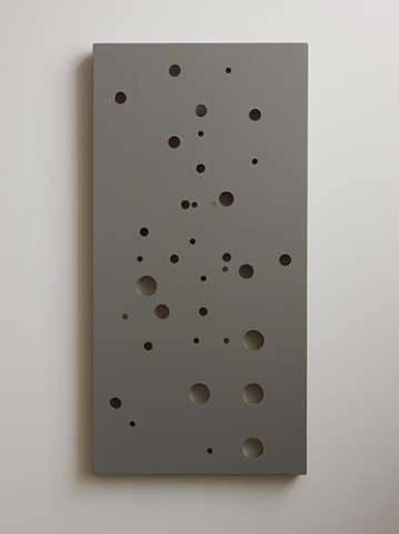 A low-relief, painted wood wall-hung sculpture done in the manner of post-minimalism, geometric abstraction. "Out of a misty dream." Robert Fields, 2016, Chicago, IL. 