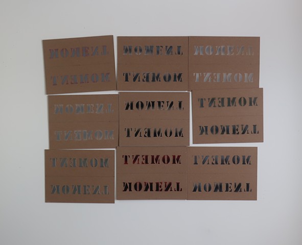 Robert Fields, Contemporary, conceptual art, prints. 2020. Media: Stenciled lacquer / aerosol and graphite on chipboard (10) pcs. One card not shown. (Was not okay with inclusion.) Arrangement variable.  Size: 26-1/2" H x 35" W.  8-1/2" H x 11" W... Card.