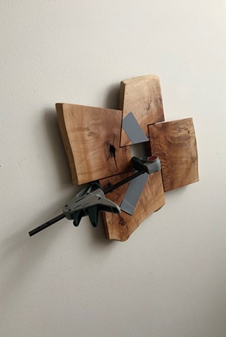 Robert Fields, “Show me a spot on the map…" 2021. 17-1/2 H x 21 W x 7 D Inches. Wax & oil finish, acrylic paint, and adhesive tape on wood (maple) with a bar-clamp. Art. Contemporary art. Sculpture. Wood. Abstract art. Wood sculpture. Wall sculpture. 