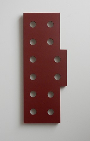 A low-relief, painted wood, wall-hung sculpture done in the manner of post-minimalism, geometric abstraction. "Let's see what it will take (here)." Robert Fields, 2016, Chicago, IL. 