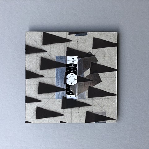 Robert Fields, “Ready or not..." 2021. 7 ½" x 7 ½" x ½". Varnish & acrylic aerosol on aluminum, self-adhesive tape, and graphite... on chipboard along with a b-b gun paper target. Art. Contemporary art. Sculpture. Collage. Abstract art. 