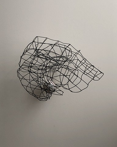 Contemporary Art, Minimal Art, Conceptual Art, Contemporary Sculpture, Wall Sculpture, Bob Fields, "UNTITLED", 2024.  Coated, galvanized steel wire, and baseball (hardball), 15 X 19 X 14 Inches.           