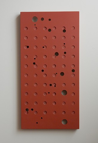 A low-relief, painted wood, wall-hung sculpture done in the manner of post-minimalism, geometric abstraction. "We are concerned. (???)" Robert Fields, 2016, Chicago, IL. 