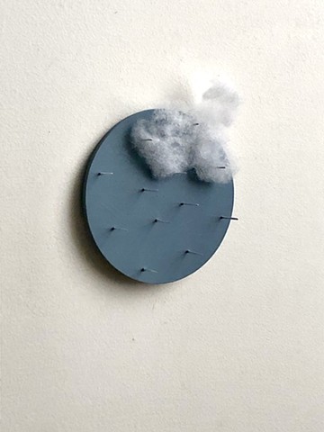 Robert Fields, UNTITLED (Whaya goin' t'do?), 2025. Wall mirror (glass), paper photo, acrylic paint, polyester fiber, plywood, nails, and a rock. 80 x 24 x 18 Inches. (Detail: Disk = 7 Inches Diameter. Contemporary Art, Conceptual Art, Minimalism, Sculpture, Chicago Artist. 