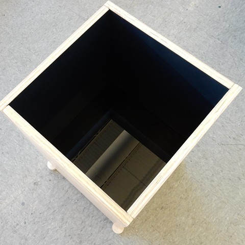 Minimal, contemporary sculpture, plywood & glass, by Robert Fields, "Box full of Darkness #2., 2018, referencing a poem by Mary Oliver: "The Uses of Sorrow."
