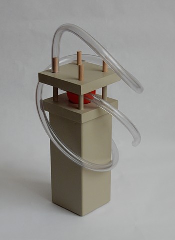 sculpture, minimalist, contemporary, geometric abstraction, maquette,  paint on wood with plastic ball & vinyl tubing, 15 x 9 x 9 inches, 2015, by Robert Fields