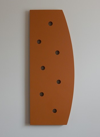 A low-relief, painted wood wall-hung sculpture done in the manner of post-minimalism, geometric abstraction. "Healing waters." Robert Fields, 2016, Chicago, IL. 