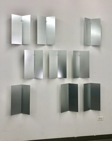 Contemporary Art, Minimal Art, Conceptual Art, Contemporary Sculpture, Wall Sculpture, Robert Fields, UNTITLED, (9 Folded Plates), 2024.  Galvanized steel ... bare, unfinished.  66 ½ x 62 x 3 ½ inches, overall.