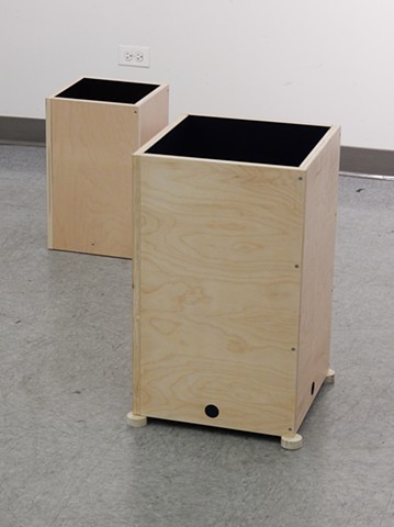 minimal, contemporary sculpture, plywood & glass, by Robert Fields, "Boxes full of Darkness, 2018, referencing a poem by Mary Oliver: "The Uses of Sorrow."