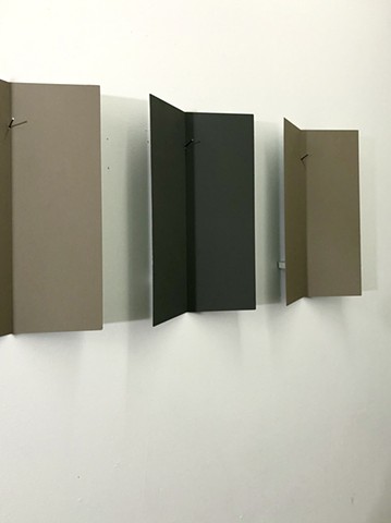 Minimal Art, Contemporary Art, Reductive Art, Metal sculpture, Robert Fields, "Untitled" (Who? Gone.) 2024. acrylic and lacquer on steel, 19 ½" x 61 x 3 ½" /  Bent plate (4 pcs): 19 ½ x 12 ¼ x 3 ½" each.  