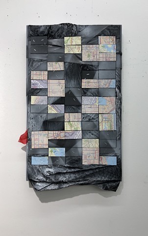 Robert Fields, “View from Up/Back"  2021. 25" x 16" x 2-1/2". Lacquer and acrylic, staples, paper/board, adhesive tape, and plastic trash bag… with foamboard, and corrugated paperboard mounted on wood panel. . Art. Contemporary art. Collage. Sculpture. Ab