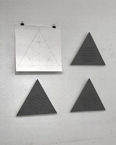 Contemporary art, conceptual art, minimalism, sculpture,  Bob Fields, "UNTITLED (Then as Now. What’s so.)", 2025. Acrylic latex paint on plywood, galvanized steel nails, graphite on Legion Yupo synthetic paper, and steel binder clips. 38-3/4 x 43 x 2-1/2 inches.  |  Panel (3 pcs.): 15-1/2  x 18 x 2.-1/2  inches each.   |  Synthetic paper sheet (390 gsm): 20 x 20 inches.