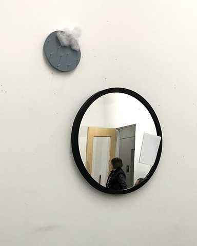 Robert Fields, UNTITLED (Whaya goin' t'do?), 2025. Wall mirror (glass), paper photo, acrylic paint, polyester fiber, plywood, nails, and a rock. 80 x 24 x 18 Inches. (Detail: Mirror = 20 Inches Diameter. Disk = 7 Inches Diameter. Contemporary Art, Conceptual Art, Minimalism, Sculpture, Chicago Artist. 