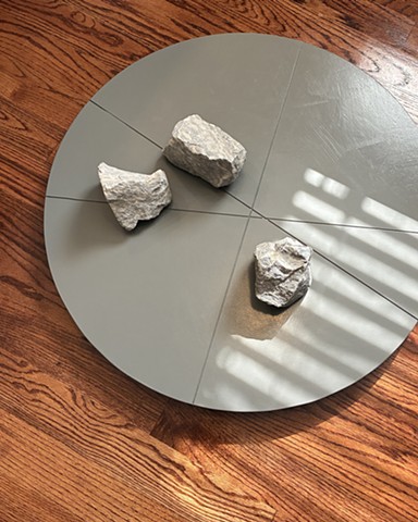 Contemporary Art, Conceptual Art, Minimalism, Sculpture,  Robert Fields, "UNTITLED   (“ ... there was no one left ...” ~ Martin Niemöller)", 2025.  Waterborne alkyd paint on plywood ... with three rocks (limestone),  29 Inches diameter X  6 Inches high..