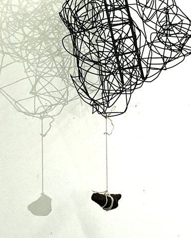 Contemporary Art, Minimal Art, Conceptual Art, Contemporary Sculpture, Wall Sculpture, Bob Fields, "UNTITLED", 2025. Coated, galvanized steel wire, acrylic paint on wood, with a rock and string. 