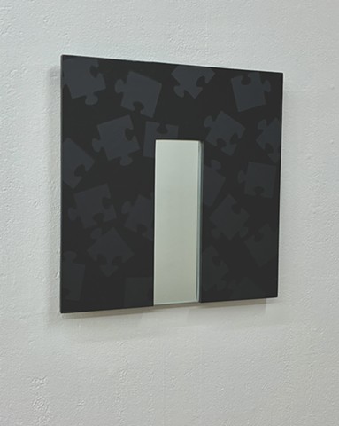 Sculpture, Contemporary Art. Conceptual Art. Minimal Art.  Bob Fields,  “ . . . non nobis solum, sed omnibus”  “. . . not for ourselves alone, but for everyone" are we born. ~Cicero.), 2026.  Glass mirror, acrylic latex + aerosol lacquer paint on wood panel.  18 x 18 inches. 