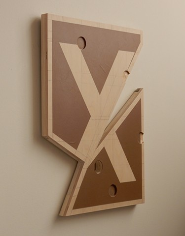A low-relief, painted wood, wall-hung sculpture done in the manner of post-minimalism, geometric abstraction. "No connection." Robert Fields, 2016, Chicago, IL. 