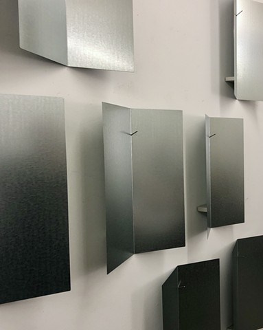 Contemporary Art, Minimal Art, Conceptual Art, Contemporary Sculpture, Wall Sculpture, Robert Fields, UNTITLED, (9 Folded Plates), [Detail].  2024.  Galvanized steel ... bare, unfinished.  66 ½ x 62 x 3 ½ inches, overall.