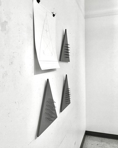 Contemporary art, conceptual art, minimalism, sculpture,  Bob Fields, "UNTITLED (Then as Now. What’s so.), 2025. Acrylic latex paint on plywood, galvanized steel nails, graphite on Legion Yupo synthetic paper, and steel binder clips. 38-3/4 x 43 x 2-1/2 inches.  |  Panel (3 pcs.): 15-1/2  x 18 x 2.-1/2  inches each.   |  Synthetic paper sheet (390 gsm): 20 x 20 inches.