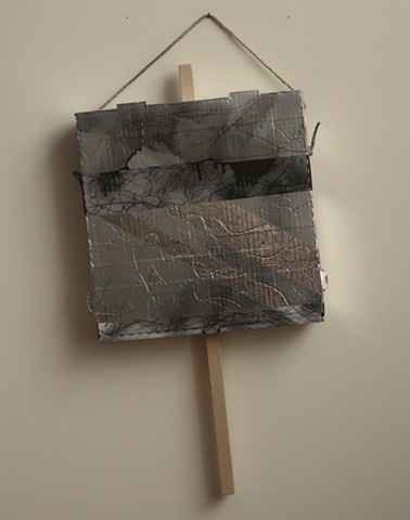Robert Fields, "UNDERSTAND."  2019. 24 H x 13 W x 2-1/4 D inches. Acrylic and lacquer paint, ink, graphite and adhesive tape on corrugated, paper board with wood & twine. Contemporary Ab-Ex artwork. Calling-out: Be a force for good. Empathize.