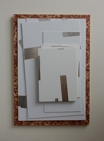 Robert Fields, "Wall. Wall. Wall", 2019, 35 x 24 x 3-1/4 inches. Low relief panel of layered foam-boards with metallic adhesive tape mounted on acrylic coated chipboard.