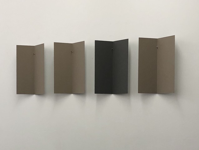 Contemporary Art, Minimal Art, Reductive Art, Metal sculpture, Robert Fields, "UNTITLED" (Who? Gone.), 2024. Acrylic and lacquer on steel, 19 ½" x 61" x 3 ½" /  Bent plate (4 pcs): 19 ½" x 12 ¼" x 3 ½" each.  