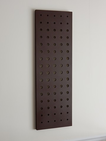 A low-relief, painted wood, wall-hung sculpture done in the manner of post-minimalism, geometric abstraction. "Hell is truth seen too late.  --Thomas Hobbes." Robert Fields, 2016, Chicago, IL. 