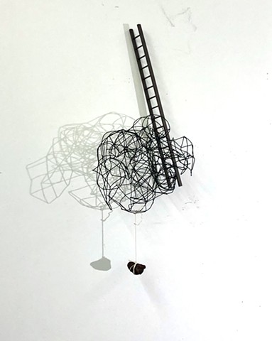 Contemporary Art, Minimal Art, Conceptual Art, Contemporary Sculpture, Wall Sculpture, Bob Fields, "UNTITLED", 2025. Coated, galvanized steel wire, acrylic paint on wood, with a rock and string. 