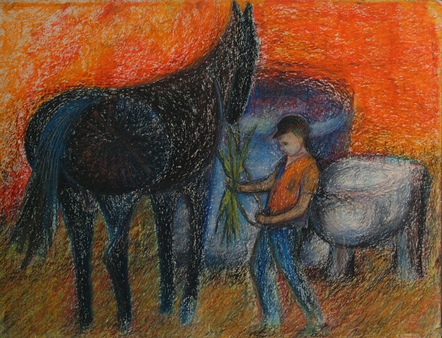 Cat. #77, Portrait of Haskel Greenfield - Boy with black horse, 1960's