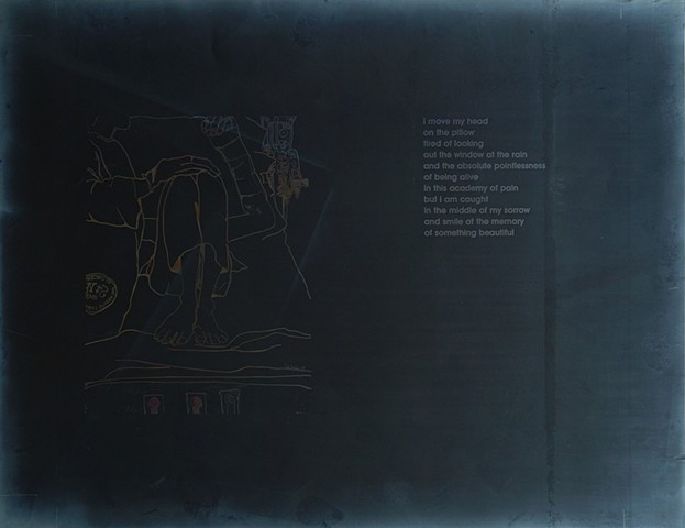 Cat. #101.2, Engraving on carbon with poem, hospital bed side, 1984