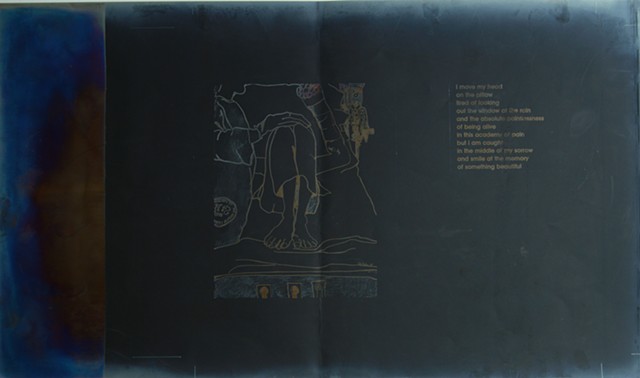 Cat. #100.1, Engraving on carbon with poem, hospital bed side, 1984