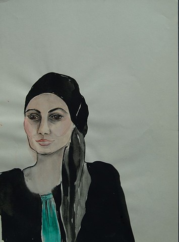 Cat. #90, Portrait of a woman in black and aqua, with black silk scarf