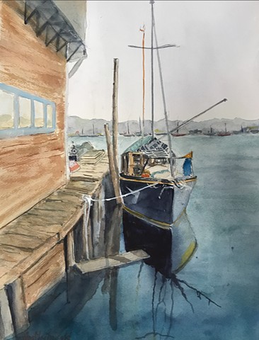Boat, watercolor, pier, art