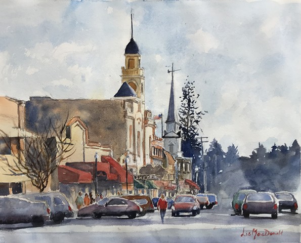 Watercolor art, Sonoma, CA, Cityscape, Sebastiani Theatre