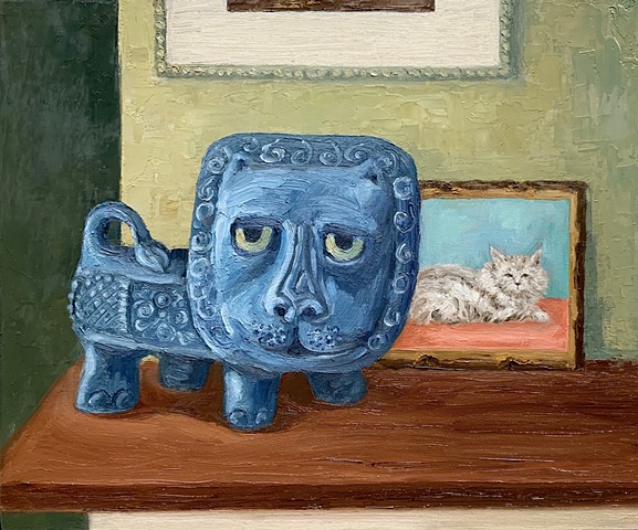 Still life, contemporary painting, interior, oil on panel, ceramic, cats lion