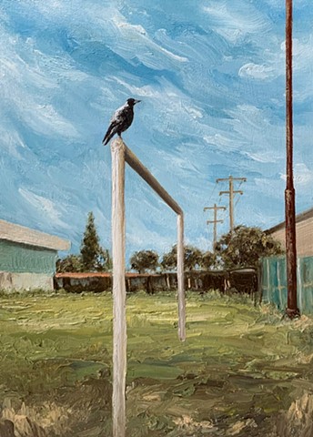 Figurative, oil on panel, magpies, urban landscape, contemporary painting