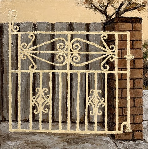Figurative, oil on panel, architecture, wrought iron, gate, street scene, nature, urban landscape, contemporary painting