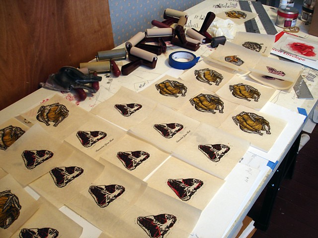 Assorted block prints (Dead Meat) produced at Dead End II reception