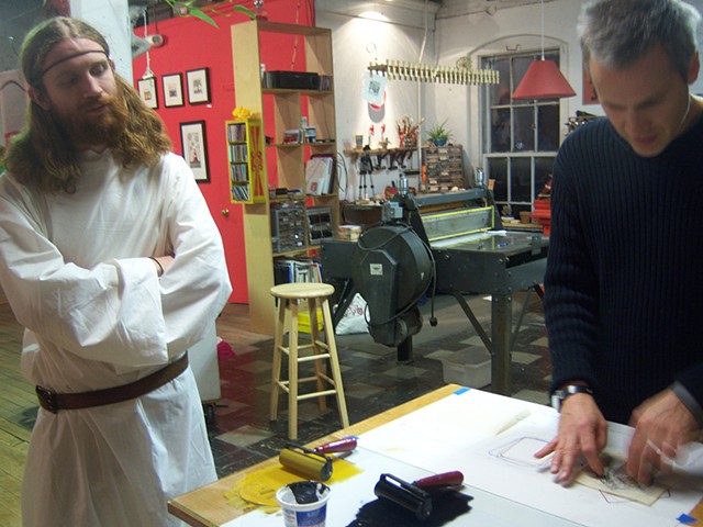Relief block printing demonstration, Dead End II reception