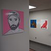 Installation view of Self Portrait | Pink by Tom DesLongchamp (foreground) and The Final Horse Story and Pink Cat With Really Good Vision by Derek Erdman (background)