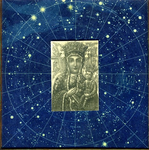 Encaustic Collage of Black Madonna and icons with antique prints by Flora Calabrese