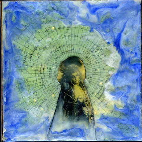 Encaustic Collage of Divine Feminine icon with antique prints by Flora Calabrese