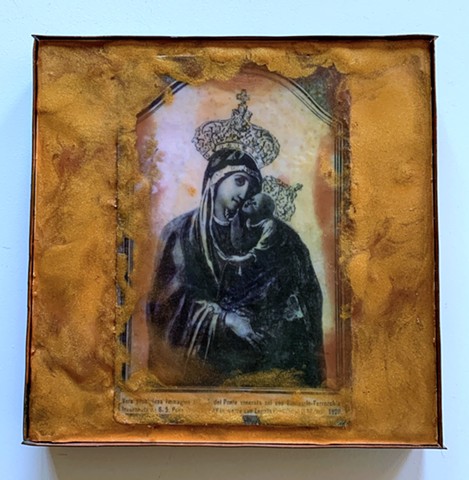 Encaustic Collage of antique icons and prints by Flora Calabrese